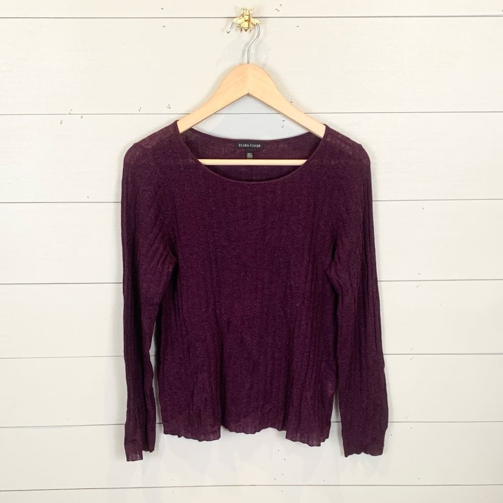Eileen Fisher Plum Crew Neck Lightweight Sweater, Small, Subtle Rib Texture.